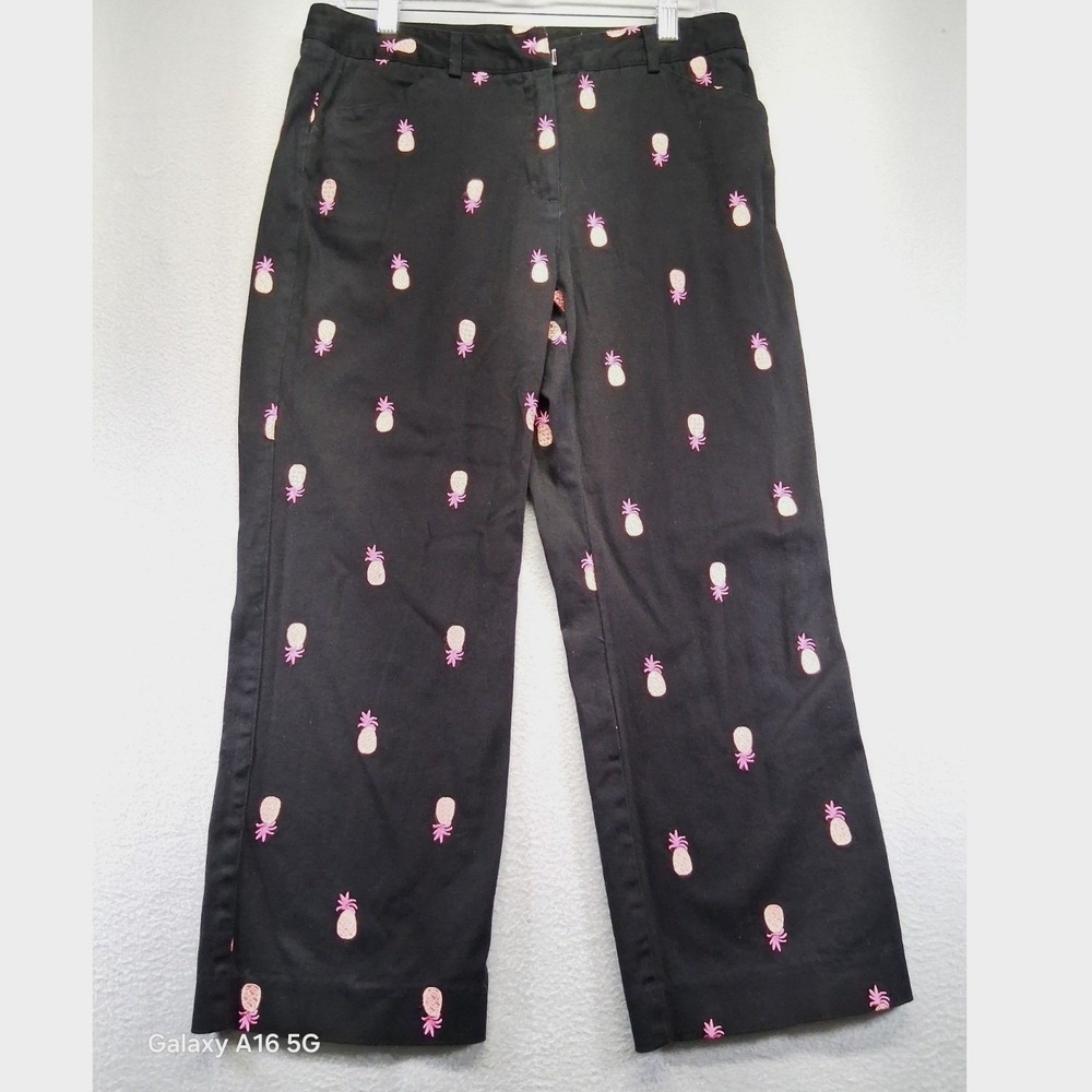 Lilly Pulitzer Black Pink‎ Pineapple Embroidered Wide Leg Crop Pants Womens 6